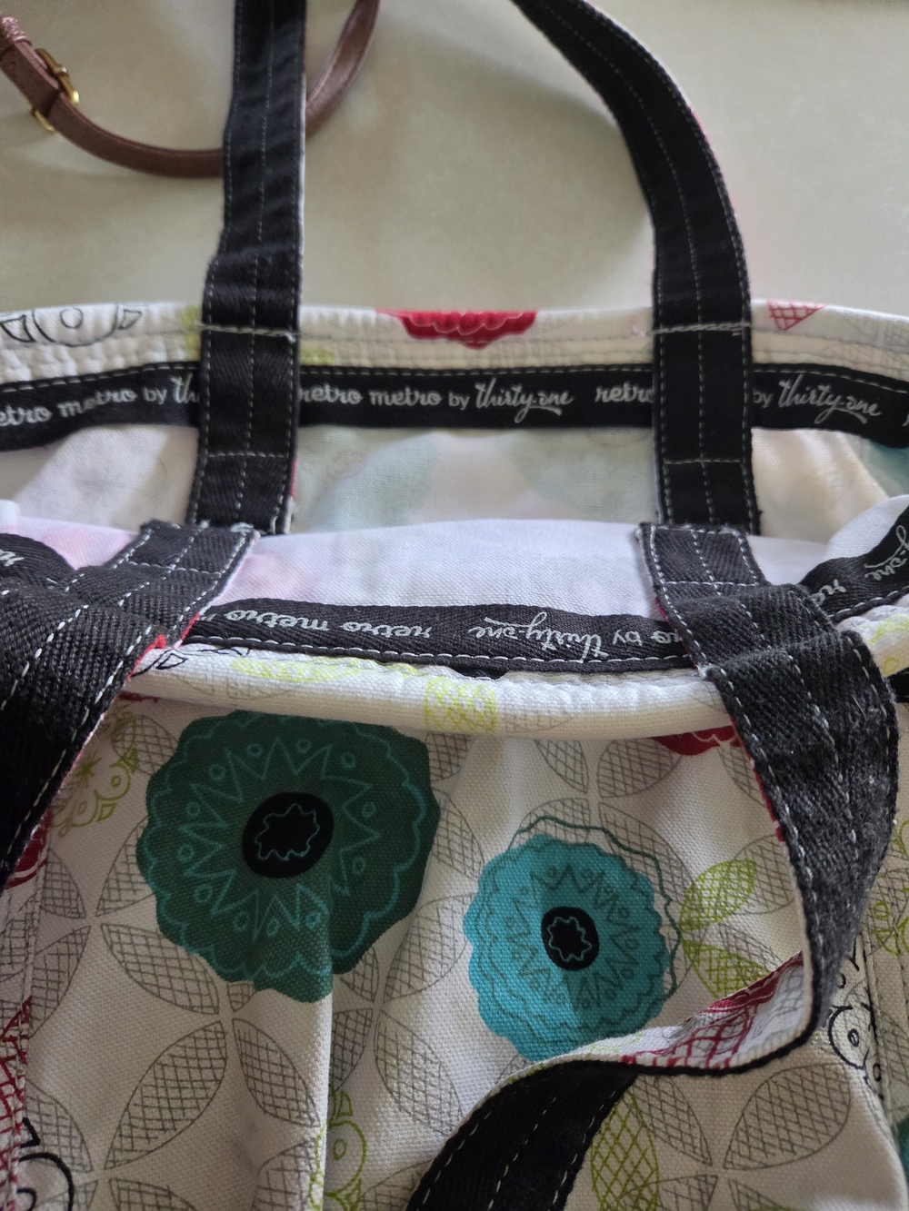thirty-one teal floral canvas tote with black handles